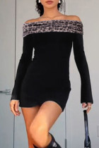 Black Sexy Leopard Print Patchwork Backless Off Shoulder Wrapped Skirt Dresses