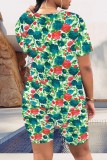 Light Color Floral Print Crewneck Short Sleeve T Shirt and Shorts Plus Size Casual Outings Vacation Two Piece Short Set
