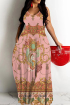 Coral Powder Tropical Print Sleeveless U Neck Straight Loose Casual Maxi Slip Dress