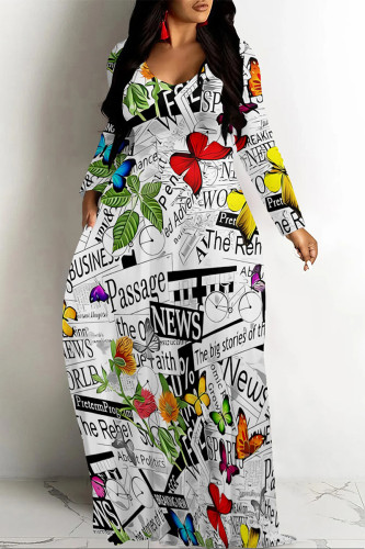 White Plaid Floral Print V Neck Long Sleeve Plus Size Straight Loose Maxi Dress