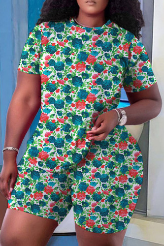 Red Green Floral Print Crewneck Short Sleeve T Shirt and Shorts Plus Size Casual Outings Vacation Two Piece Short Set