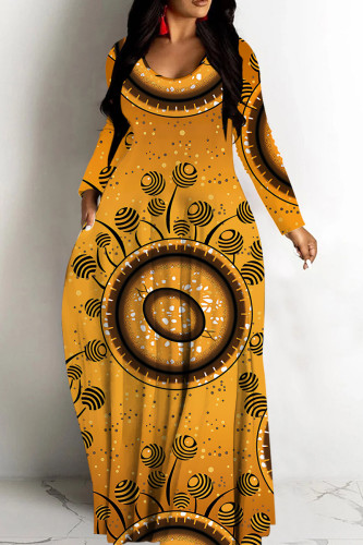 Earth Yellow Tropical Print Sleeveless Deep V Neck Long Sleeve Casual  Straight Loose Maxi Dress
