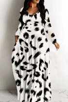 Cream White Tropical Print Sleeveless Deep V Neck Long Sleeve Casual  Straight Loose Maxi Dress