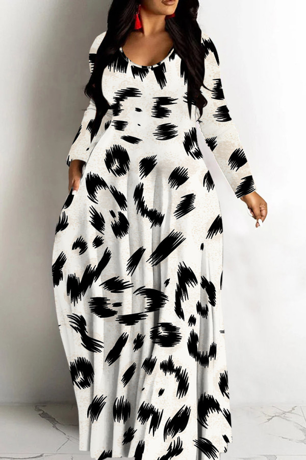 Cream White Tropical Print Sleeveless Deep V Neck Long Sleeve Casual  Straight Loose Maxi Dress