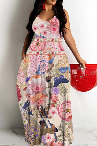 Peach Tropical Print Sleeveless U Neck Straight Loose Casual Maxi Slip Dress