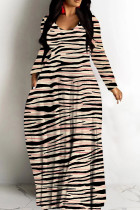 Stripe Tropical Print Sleeveless Deep V Neck Long Sleeve Casual  Straight Loose Maxi Dress