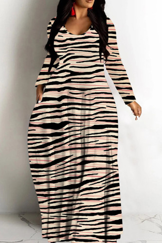 Stripe Tropical Print Sleeveless Deep V Neck Long Sleeve Casual  Straight Loose Maxi Dress