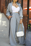 Grey Casual Stripe Pocket Patchwork Zipper Zipper Collar Long Sleeve Two Pieces