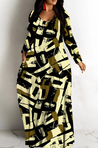 Brownness Tropical Print Sleeveless Deep V Neck Long Sleeve Casual  Straight Loose Maxi Dress