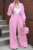 Pink Casual Stripe Pocket Patchwork Zipper Zipper Collar Long Sleeve Two Pieces
