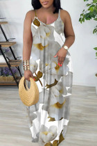 Grey Floral Print Sleeveless U Neck Straight Loose Casual Maxi Slip Dress