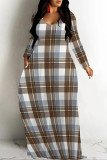 White Plaid Floral Print V Neck Long Sleeve Plus Size Straight Loose Maxi Dress