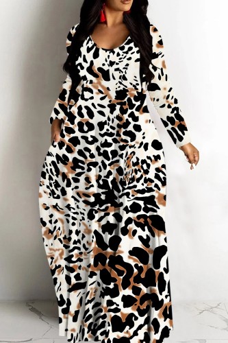 White Brown Tropical Print Sleeveless Deep V Neck Long Sleeve Casual  Straight Loose Maxi Dress