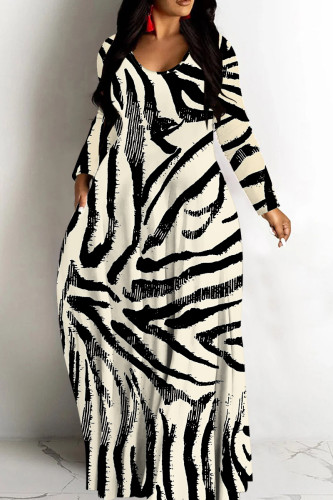 Apricot Tropical Print Sleeveless Deep V Neck Long Sleeve Casual  Straight Loose Maxi Dress