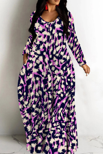 Purple Tropical Print Sleeveless Deep V Neck Long Sleeve Casual  Straight Loose Maxi Dress