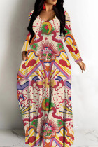 Red Tropical Print Sleeveless Deep V Neck Long Sleeve Casual  Straight Loose Maxi Dress