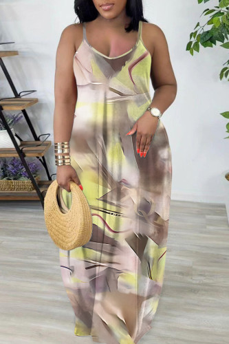 Multicolor Floral Print Sleeveless U Neck Straight Loose Casual Maxi Slip Dress