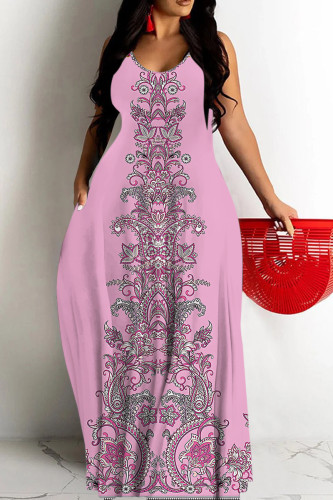 Deep Pink Tropical Print Sleeveless U Neck Straight Loose Casual Maxi Slip Dress