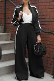 Black Casual Stripe Pocket Patchwork Zipper Zipper Collar Long Sleeve Two Pieces