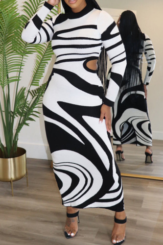 Black Casual Stripe Hollow Out Patchwork Slit O Neck Wrapped Skirt Dresses