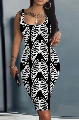 Black White Halloween Costume Skull Print Sleeveless U Neck Bodycon Pencil Tank Midi Dress