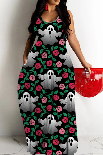 Green Halloween Costume Pumpkin Bat Print Sleeveless U Neck Straight Loose Casual Maxi Slip Dress