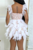 Apricot Sleeveless Pearls Decor Feather Mini Dress Glamorous Sweetheart Bodycon Party Outfit