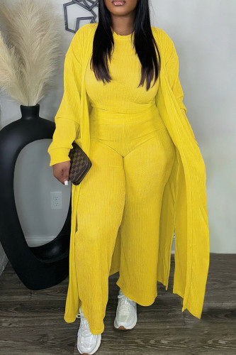 Yellow Plus Size Crop Top and Straight Leg Pand with Long Sleeve Long Cardigan Coat Casual Fall Winter Three Pieces Set