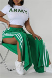 Green Side Striped Casual Outings Wide Leg Pants Relaxed Fit Drawstring Waist High Waist Lounge Trousers
