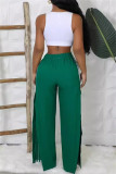 Green Side Striped Casual Outings Wide Leg Pants Relaxed Fit Drawstring Waist High Waist Lounge Trousers