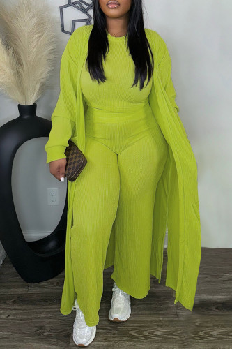 Green Plus Size Crop Top and Straight Leg Pand with Long Sleeve Long Cardigan Coat Casual Fall Winter Three Pieces Set