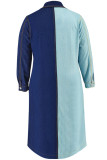 Blue Colorblock Button Front Long Sleeve Denim Shirt Midi Dress Casual Plus Size Outfit for Weekend
