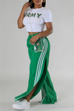 Green Side Striped Casual Outings Wide Leg Pants Relaxed Fit Drawstring Waist High Waist Lounge Trousers