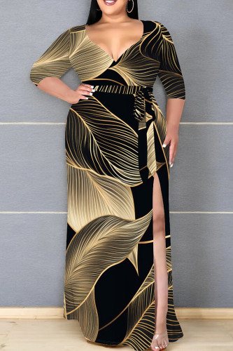 Black Gold Abstract Print V Neck Plus Size Maxi Dress with High Slit for Evening Party