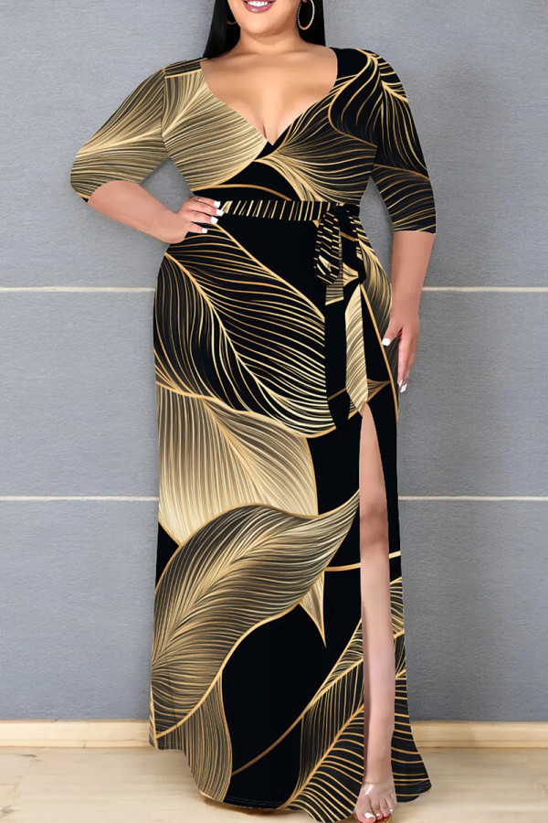 Black Gold Abstract Print V Neck Plus Size Maxi Dress with High Slit for Evening Party