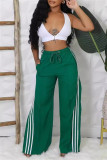 Green Side Striped Casual Outings Wide Leg Pants Relaxed Fit Drawstring Waist High Waist Lounge Trousers