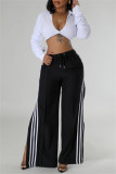 Green Side Striped Casual Outings Wide Leg Pants Relaxed Fit Drawstring Waist High Waist Lounge Trousers