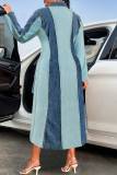 Light Blue Colorblock Lapel Colloar Long Sleeve Casual Office Lady Plus Size Demin Maxi Dress