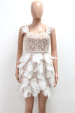 Apricot Sleeveless Pearls Decor Feather Mini Dress Glamorous Sweetheart Bodycon Party Outfit