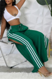 Green Side Striped Casual Outings Wide Leg Pants Relaxed Fit Drawstring Waist High Waist Lounge Trousers