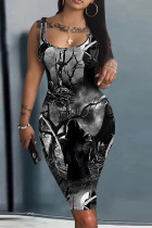 Black Gray Halloween Costume Skull Print Sleeveless U Neck Bodycon Pencil Tank Midi Dress