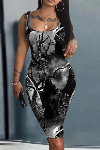 Black Gray Halloween Costume Skull Print Sleeveless U Neck Bodycon Pencil Tank Midi Dress