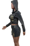 Blue Street Pocket Patchwork Zipper Zipper Collar Long Sleeve Two Pieces