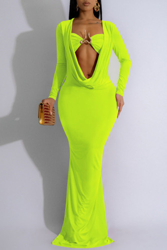 Fluorescent Green Elegant Solid Color Hollow Out Patchwork Ruched Deep V Neck Long Dresses