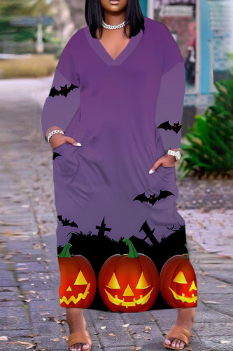Orange Purple Casual Print Basic V Neck Long Plus Size Dresses