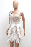 Apricot Sleeveless Pearls Decor Feather Mini Dress Glamorous Sweetheart Bodycon Party Outfit