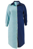 Blue Colorblock Button Front Long Sleeve Denim Shirt Midi Dress Casual Plus Size Outfit for Weekend