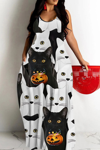 Black And White Halloween Costume Pumpkin Print Sleeveless U Neck Straight Loose Casual Maxi Slip Dress