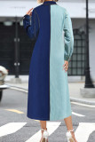 Blue Colorblock Button Front Long Sleeve Denim Shirt Midi Dress Casual Plus Size Outfit for Weekend