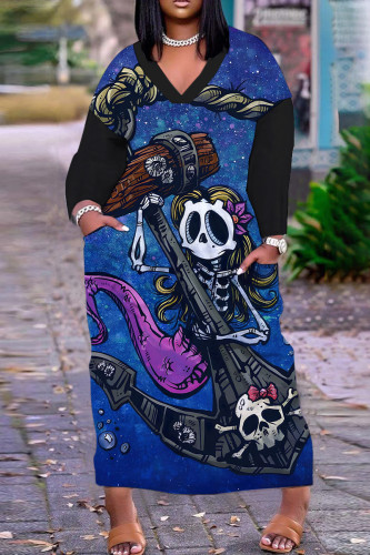 Blue Black Casual Print Basic V Neck Long Plus Size Dresses